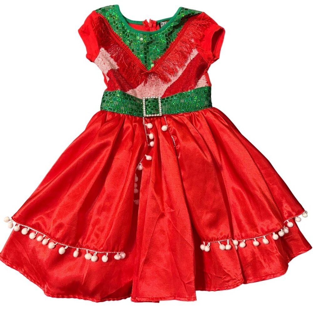 Jojos Closet Red & Green Christmas Holiday Dress Pom Pom Trim Girls 4/5 (XS)
